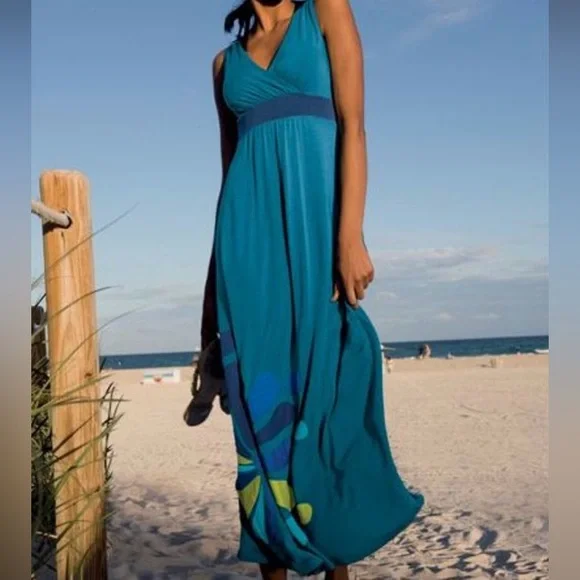 Boden Teal Maxi Dress Embroidered Flower Jersey Fabric Womens Size 4  Regular